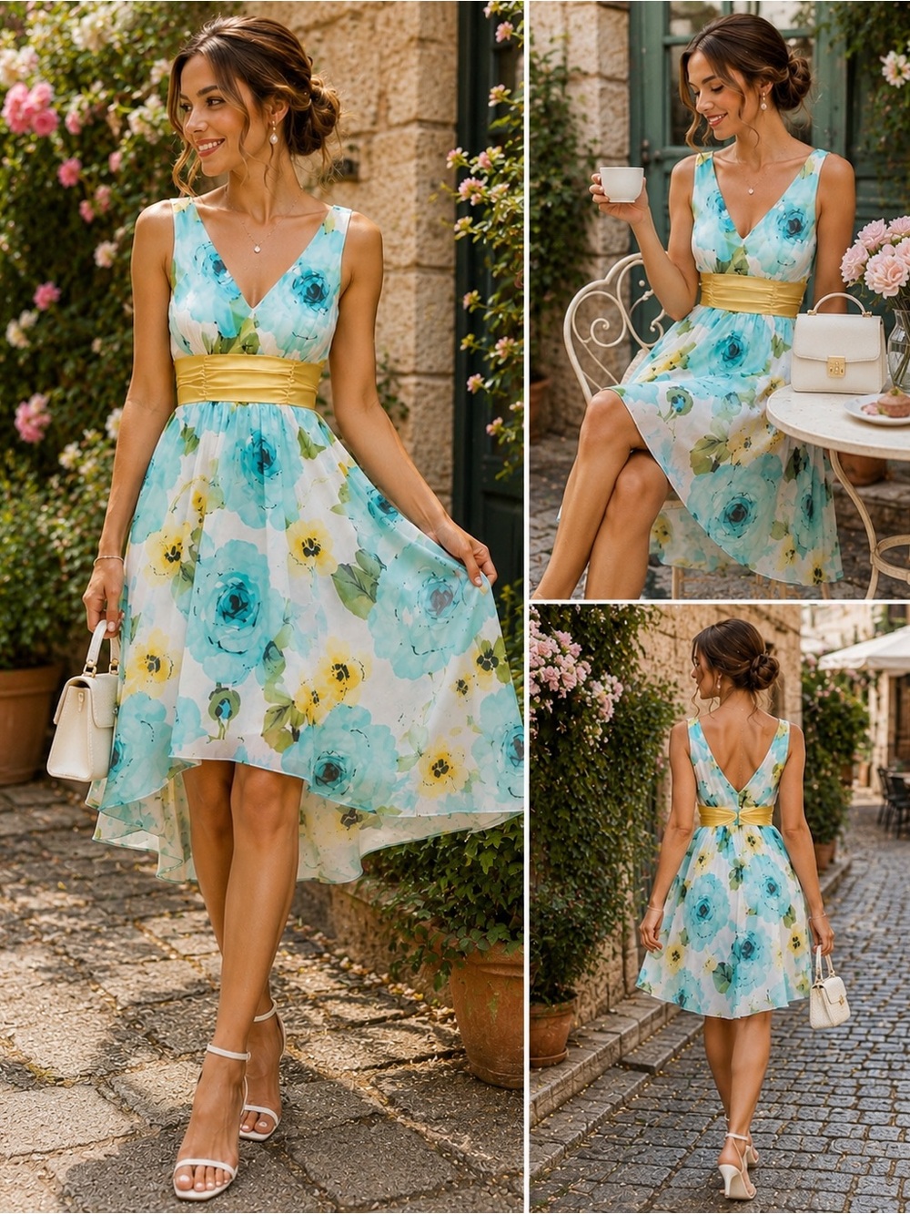 Jolie Aqua and Yellow Floral V-Neck High-Low Dress